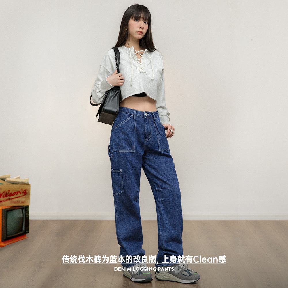 Maden Women Washed Denim Straight Wide-Leg Multi-Pocket Long Trousers Cargo Pants Women's Baggy Blue Jeans