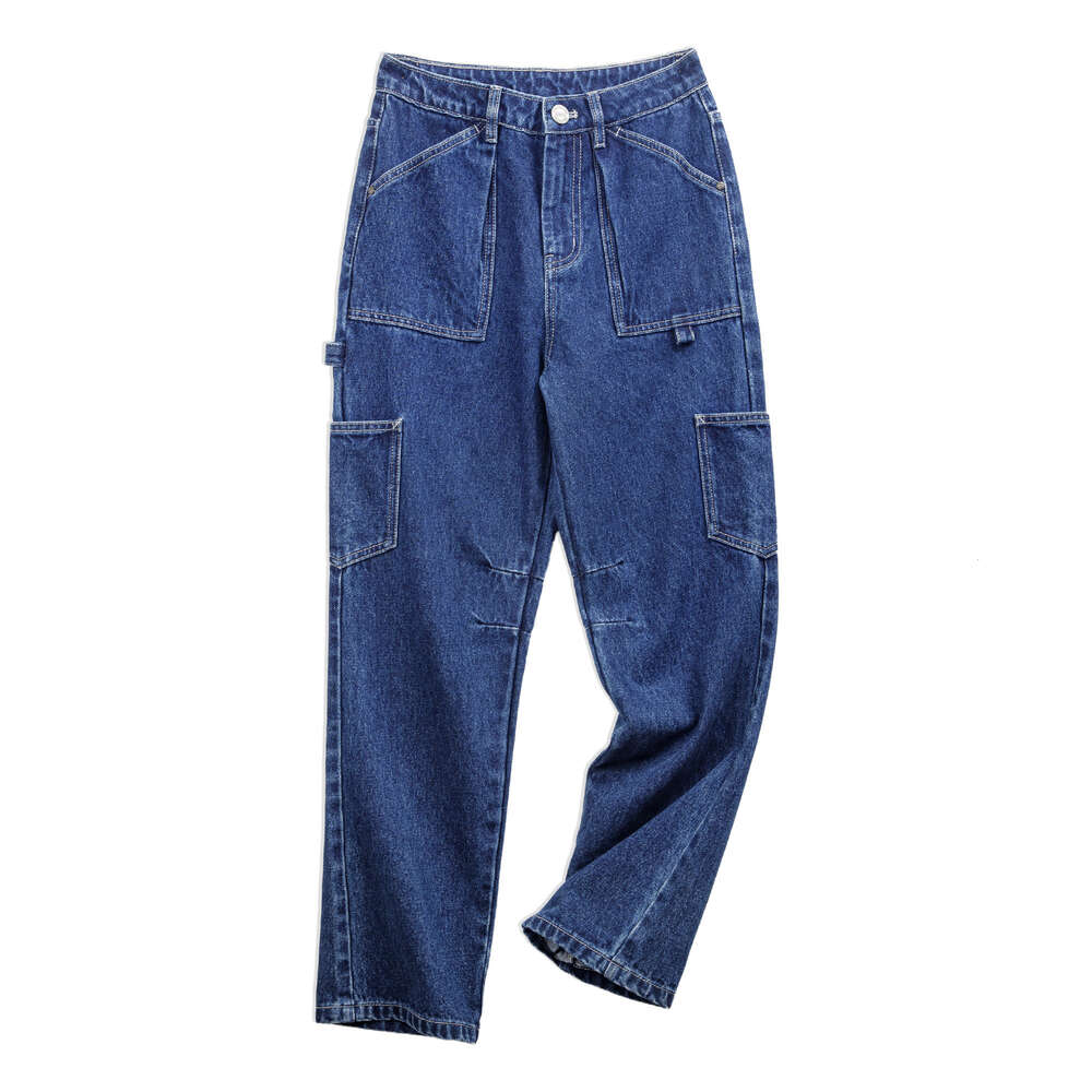 Maden Women Washed Denim Straight Wide-Leg Multi-Pocket Long Trousers Cargo Pants Women's Baggy Blue Jeans