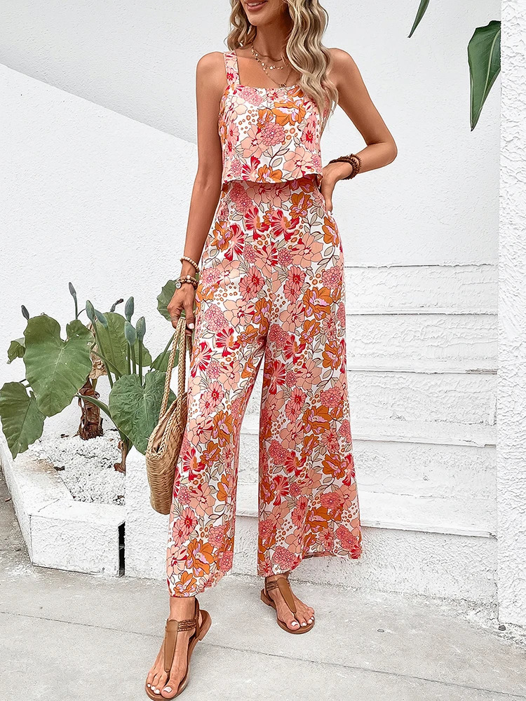 Elegant Long Jumpsuit Women Sexy Backless Wide Leg Jumpsuits Casual Sleeveless Floral Rompers Summer Clothes For Woman 2024 240715