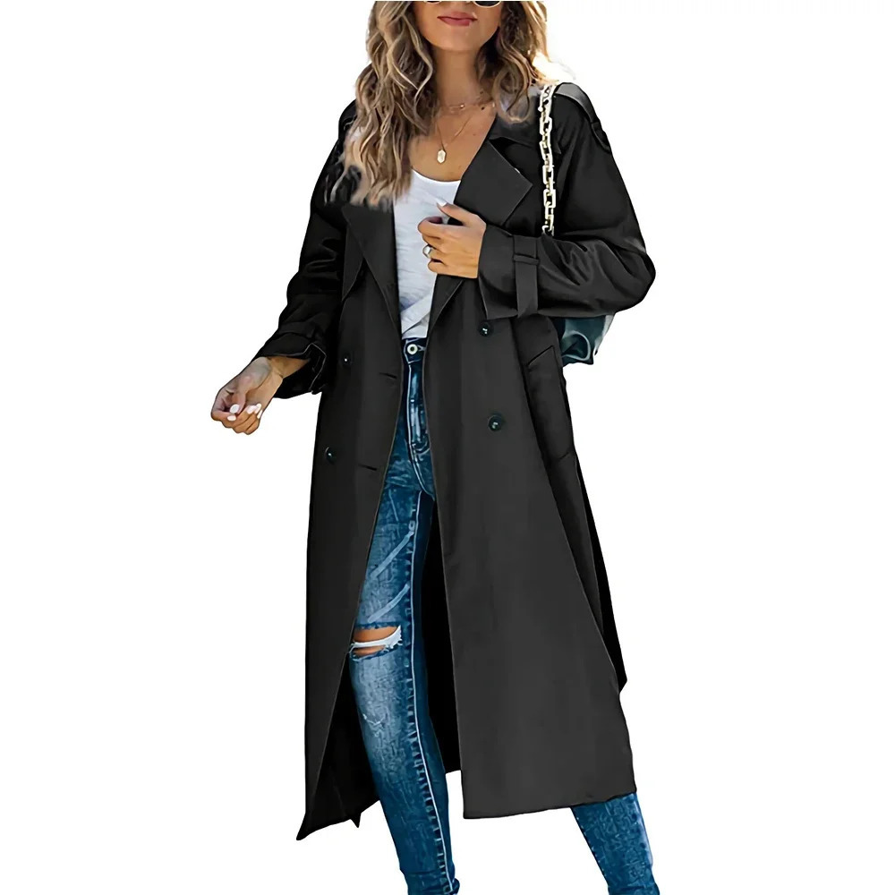 Womens Windbreaker Coat Fashion Long Pocket Lapel Button Windbreaker British Style Over The Knee Long Coat Office Wear 240703