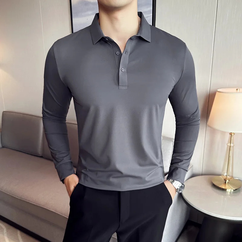 High Elasticity Men POLO Shirt Autumn Base Tops Ice Silk Fabric Solid Casual Long Sleeve POLO Shirt Casual Slim Fit T Shirt 240715