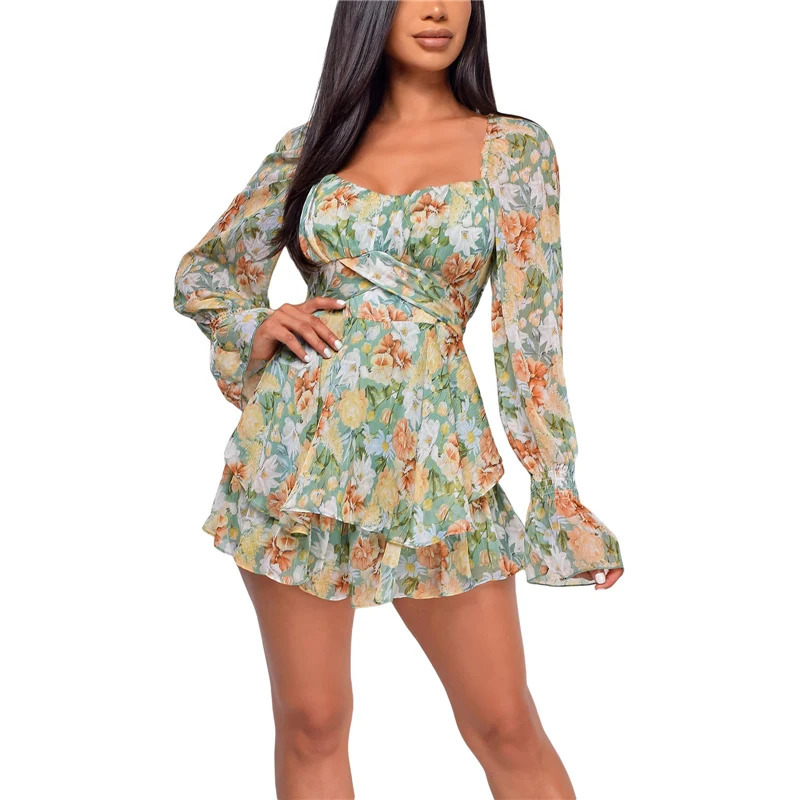 Womens Sexy Square Collar Backless Jumpsuit Fashion Flower Bandage High Waist Long Sleeve Playsuit 240712
