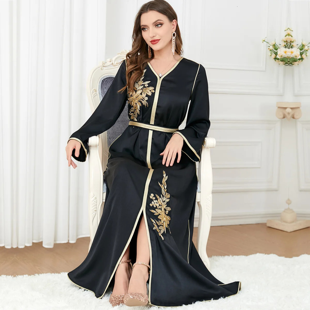 Muslim Slit Dress for Women Modest Black Abaya Long Sleeve VNeck Embroidery Arabic Clothing Dubai Abayat Islamic Robe 3277 240715