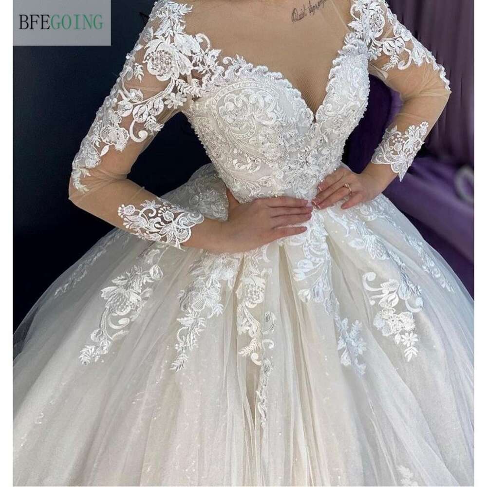 Luxurious Ivory Lace Tulle Long Sleeves Floor-Length Ball Gown special Dress Chapel Train Custom Made
