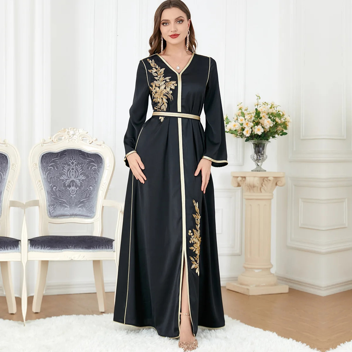 Muslim Slit Dress for Women Modest Black Abaya Long Sleeve VNeck Embroidery Arabic Clothing Dubai Abayat Islamic Robe 3277 240715