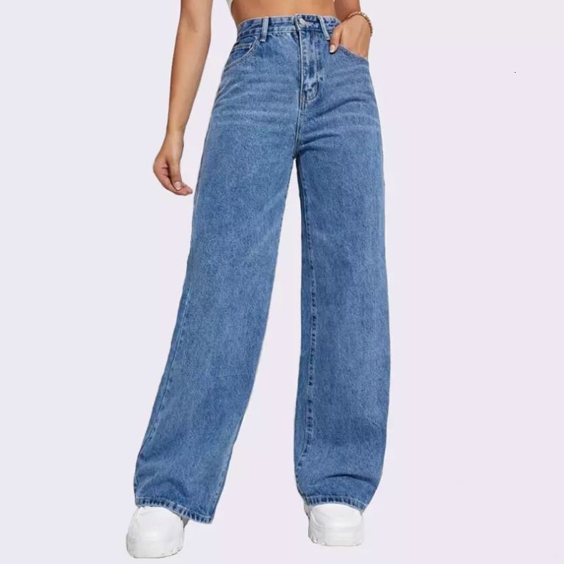 women's washed blue high-waisted fashion casual hot wide-leg jeans