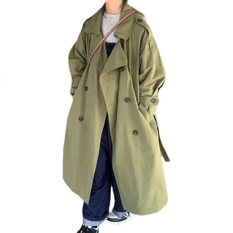 Children Clothing Girl Fashion Trench Coat Spring Autumn Korean Style Green Coat Cotton Casual Simple Long Kids Trench Coat 240713
