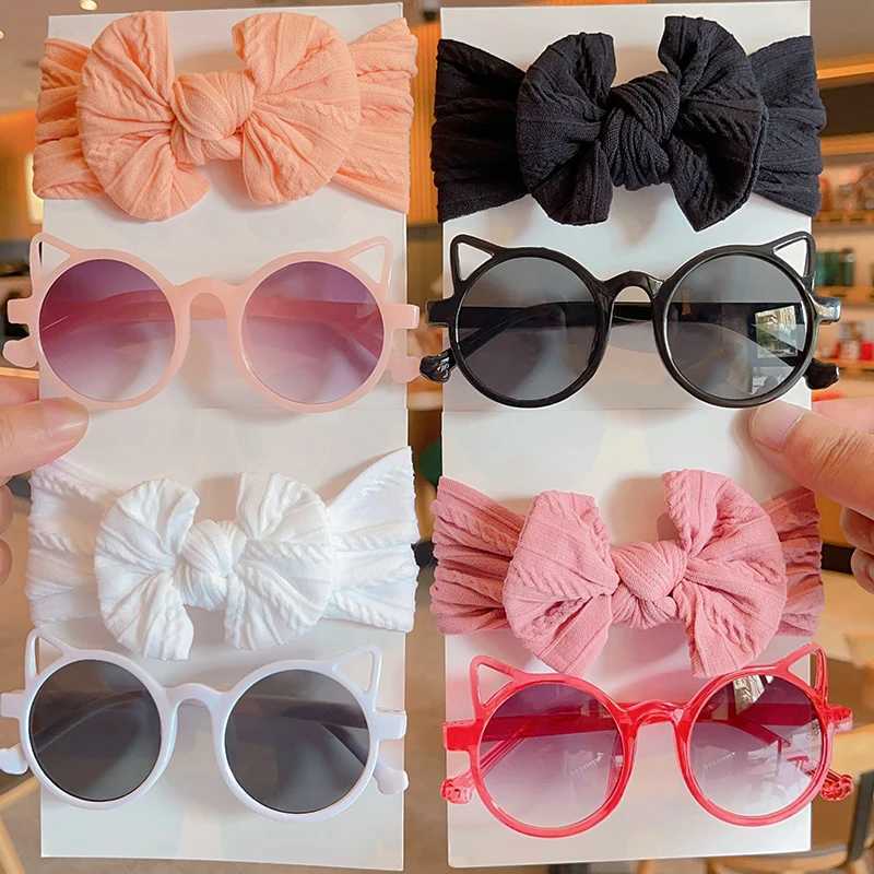 Sunglasses 2 Pcs/Set New Children Cute Colorful Soft Bowknot Wide Hairbands Cat Ears Sunglasses Boys Girls Headwear Kids Hair Accessories