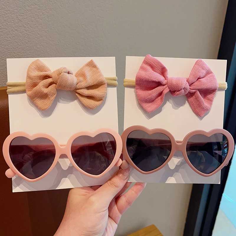 Sunglasses 2 Pcs/Set New Children Colors Soft Bowknot Headbands Heart Circle Edge UV400 Sunglasses Headwear Set Lovely Hair Accessories