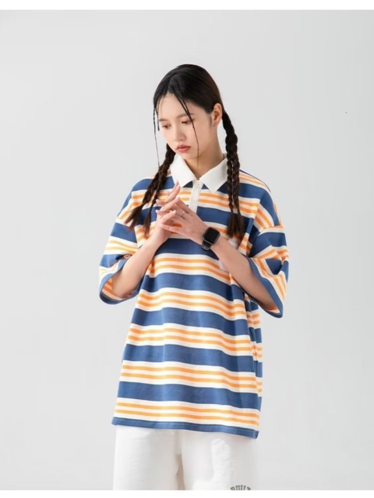 Striped short polo shirt for couples, summer loose and versatile, handsome casual top, half sleeved t-shirt