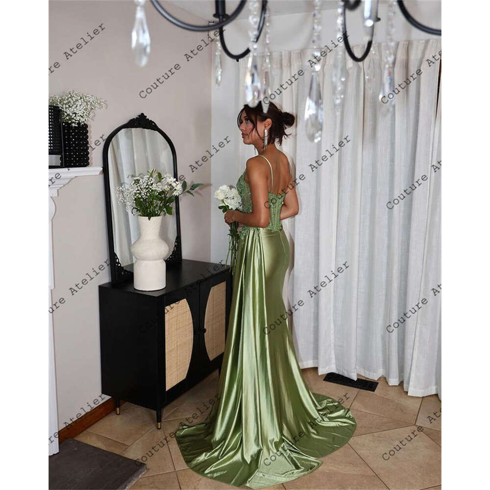Green Sage Spaghetti High Split Prom Dresses For Black Girls Mermaid Elegant Dress Special Party Formal Gowns Satin Arabic Mal