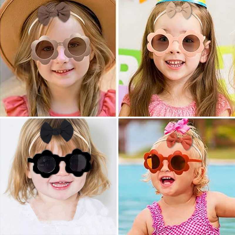 Sunglasses 2 Pcs/Set New Children Fashion Round Flower UV400 Sunglasses Colors Lovely Soft Bowknot Headbands Set Kids Hair Accessories