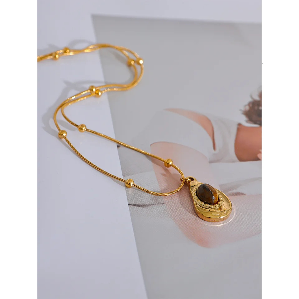 Yhpup Stainless Steel Cashew Drop Inlaid Natural Tiger Stone Pendant Necklace Rust Proof 18K PVD Plated Chain Neck Jewelry 240710