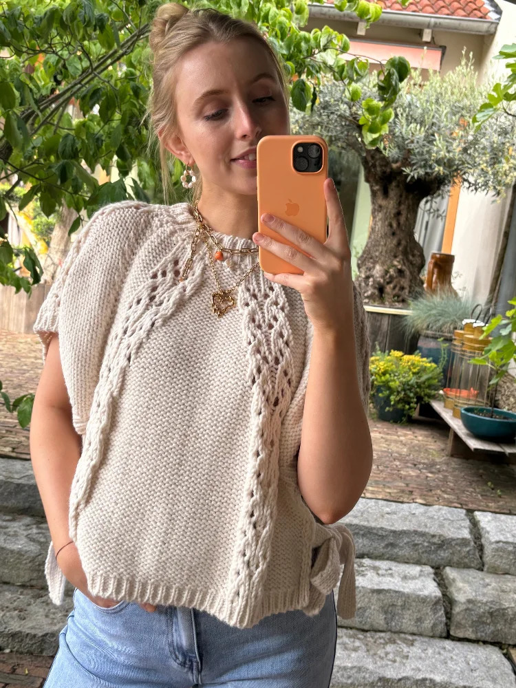 Elegant Hollow Out Knitted Sweater Women Loose Oneck Lace Up Short Sleeve Pullover Autumn Casual Solid Allmatch Outerwear 240713