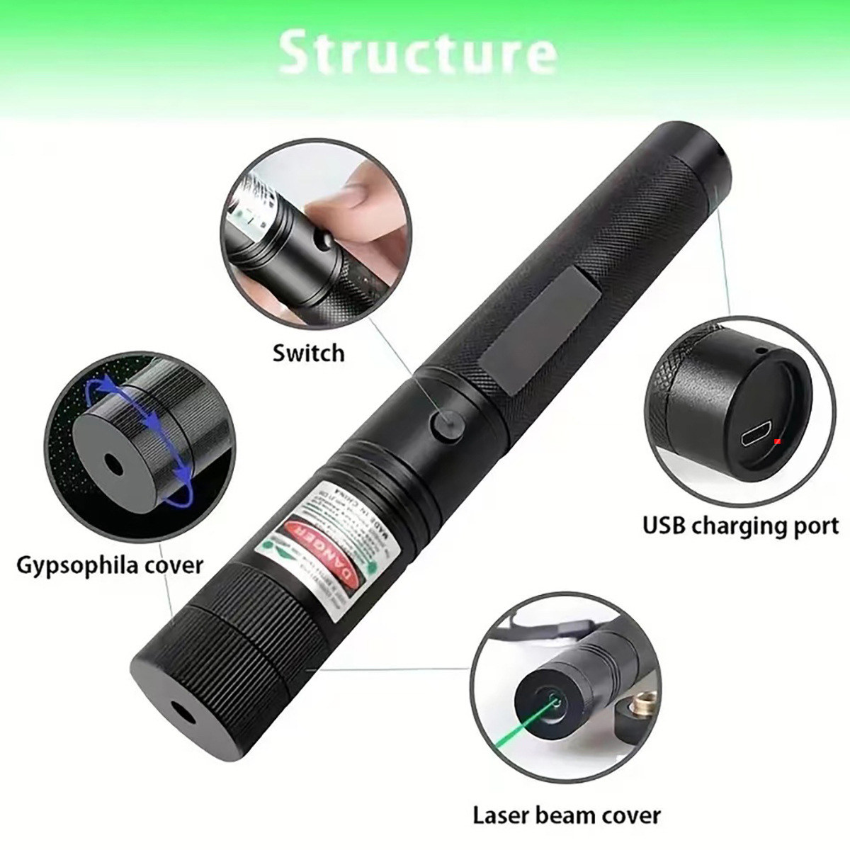 Long Range Tactical Green Beam Flashlight Laser Pointer rechargeable Laser Pointer Cat Toys with Star Cap Adjustable