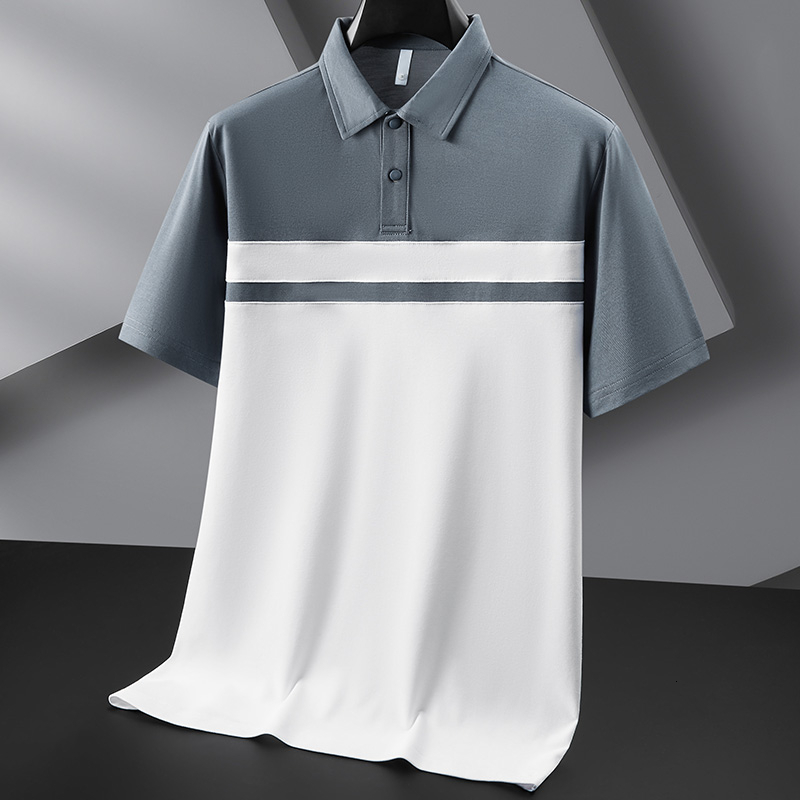 Silk red ice silk collar short sleeved polo for men's summer thin patchwork cool casual shirt