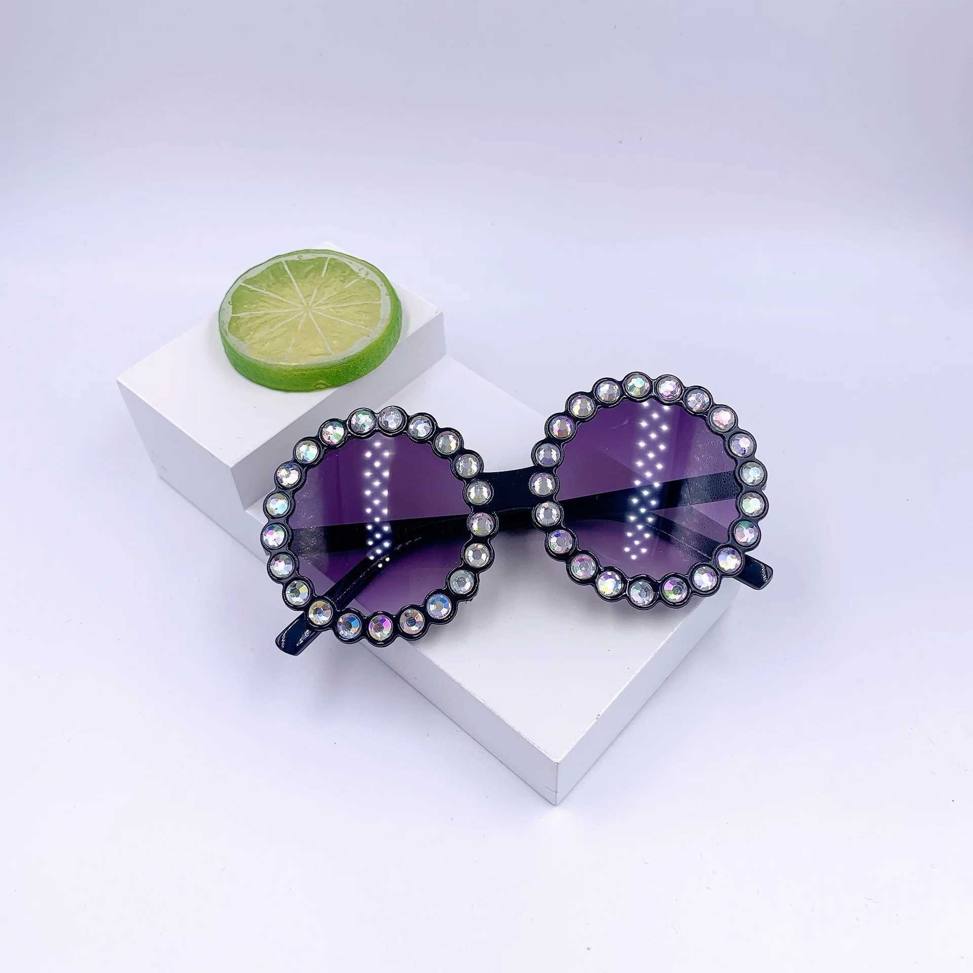 Sunglasses New childrens color diamond round frame sunglasses Fashion frame cartoon personality sunglasses Fashion Sunglasses