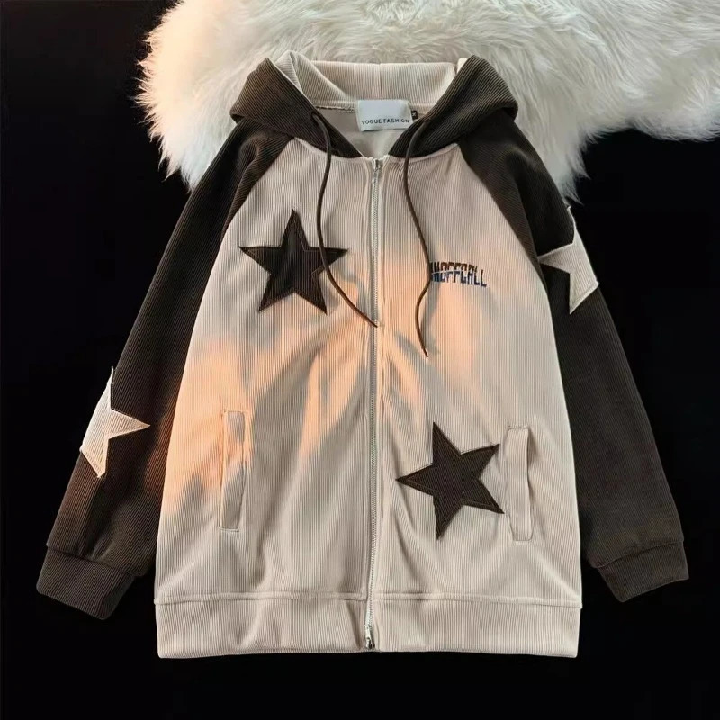 American Star Patch Corduroy Cardigan Coat For Men And Women Y2k Street Retro Leisure Lazy Wind Joker Goth Couple Sweater Hoodie 240708