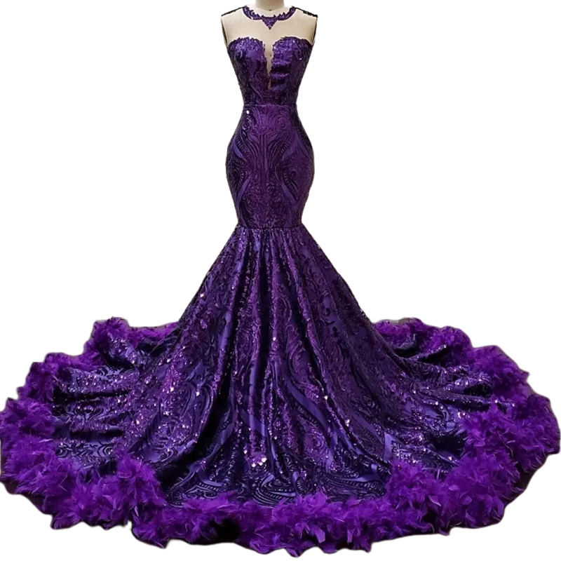 Purple Glitter Sequined Mermaid Prom Dresses Feathers Court Train Open Back Long Glamours African Evening Gowns Illusion Jewel Neck