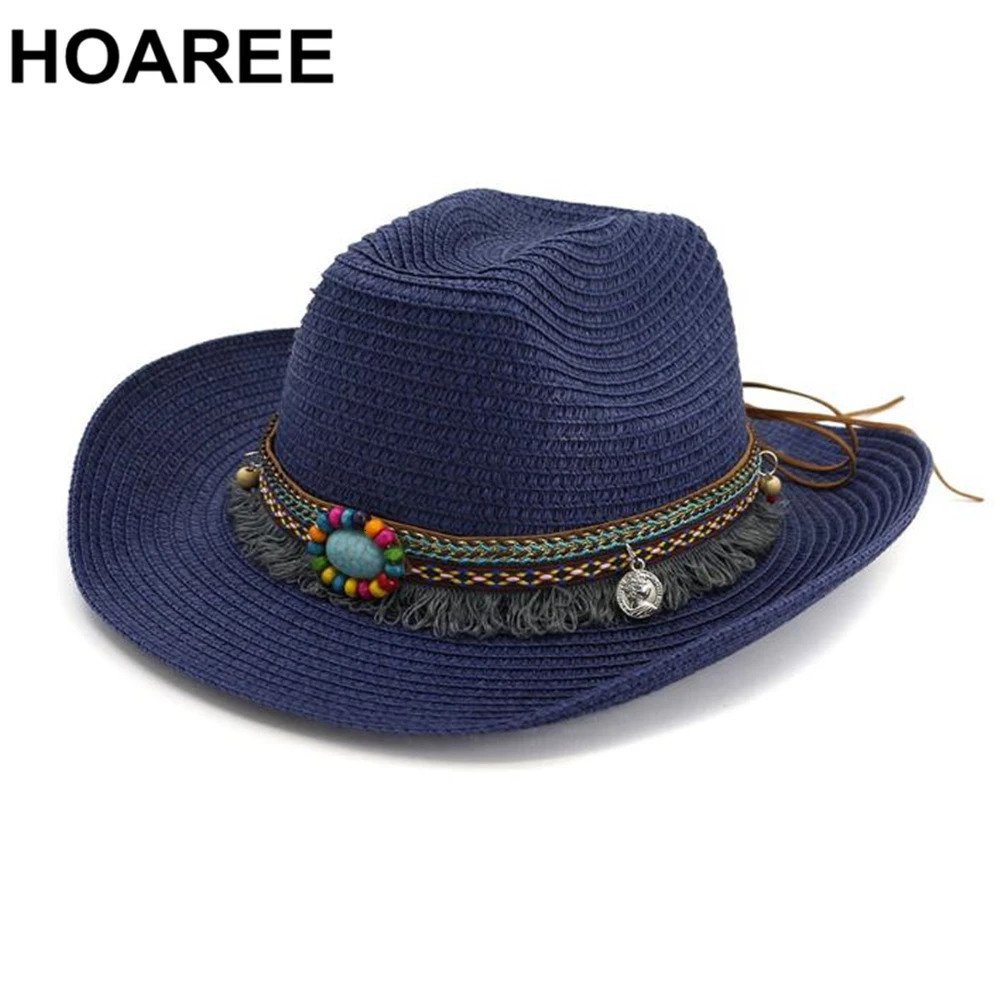 HOAREE Cowgirl Cowboy-Hat Sombreros Western Cap Wome -Straw Jazz Ethnic Style Beige Summer Beach Straw Sun Hats 240713