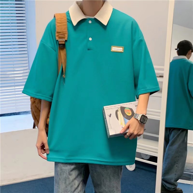 American polo sweater hoodie trendy high street loose and versatile short sleeved t-shirt for men, summer top lapel