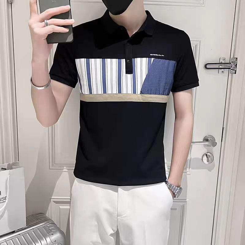 Modern and fashionable design spliced polo shirt men with a light luxury temperament, Korean style short sleeved lapel top for summer