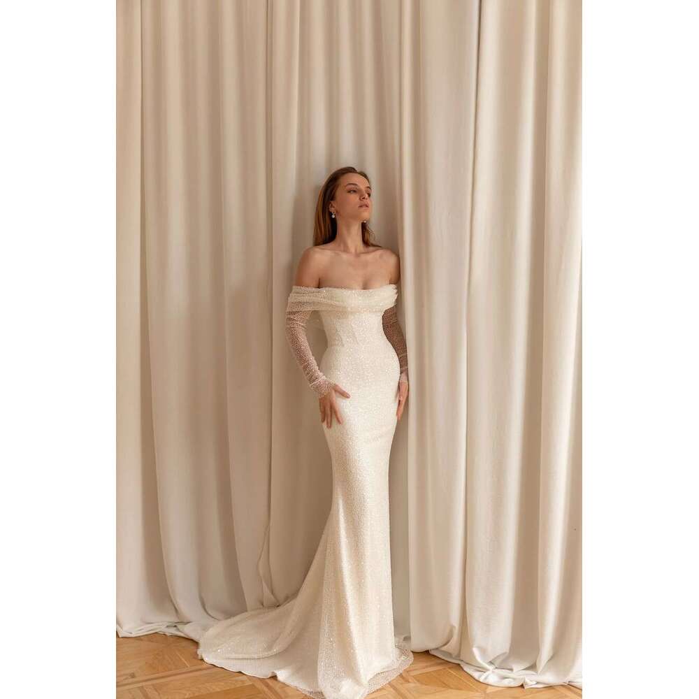 Bg Sequined Off The Shoulder Full Sleeves Mermaid Wedding Dresss Detachable Train Vestido De Renda Estilo Sereia