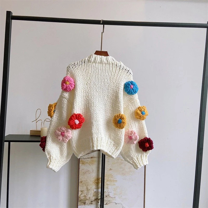 Harajuku Flower Cardigan Sweater Women Sweet Cute Long Sleeve Crop Knit Korean Y2K Streetwear Autumn Winter Casual Tops 240712