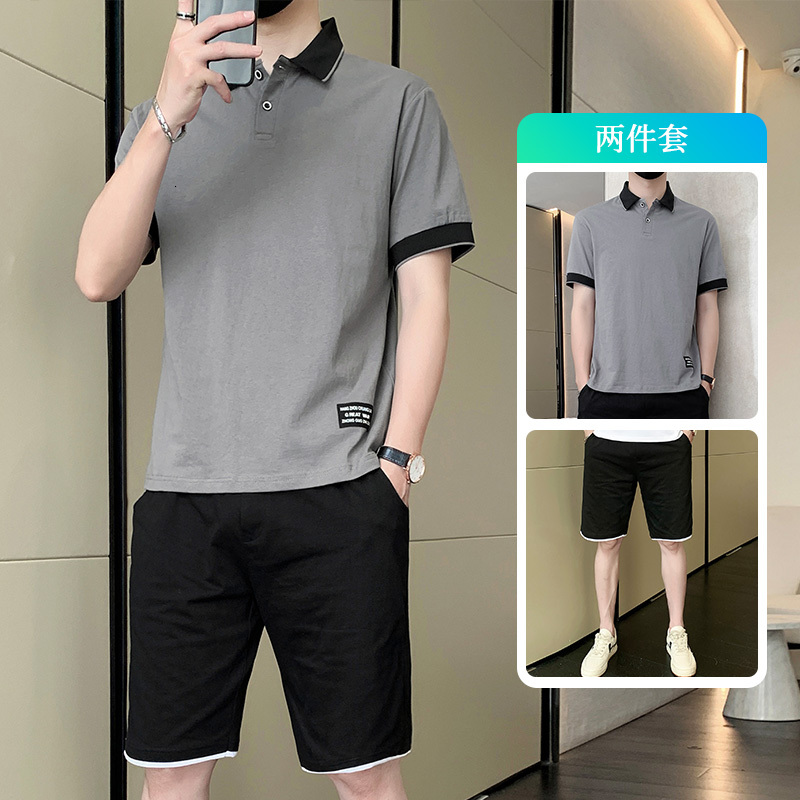 New Cotton Summer Men's Loose Sports with IMS Head, Short Sleeve, Polo Shirt, Shorts Set, Two Piece Set