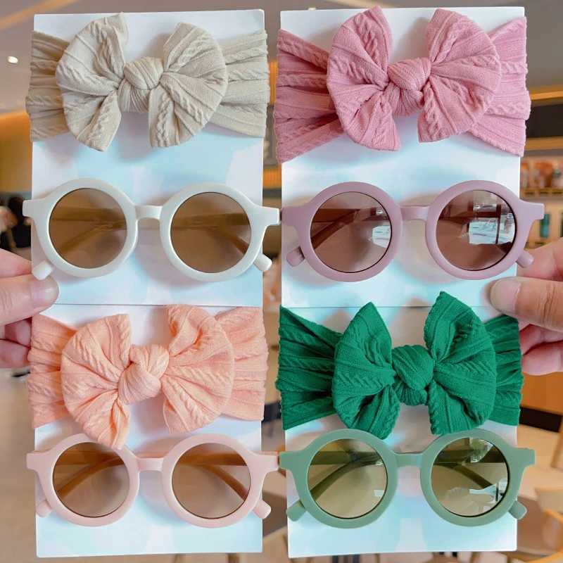 Sunglasses 2 Pcs/Set New Children Solid Color Cotton Bowknot Wide Hairband Round Sunglasses Set Baby Girls Sunglasses Kids Hair Accessories