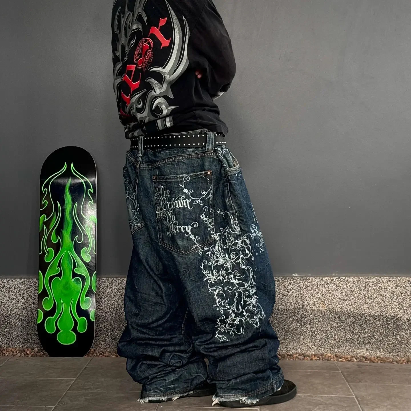 Y2K Letter Embroidered Retro Baggy Jeans Aesthetic Graphic Hip Hop Wash Wide Leg Denim Pants Men Women Goth High Waist Trousers 240712