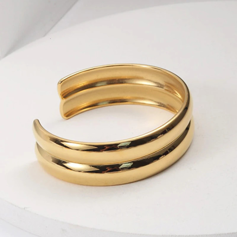 Double curved layered wide gold color open cuff bangle bracelet for women stainless steel thick hyperbole minimalist bangle cool 240712