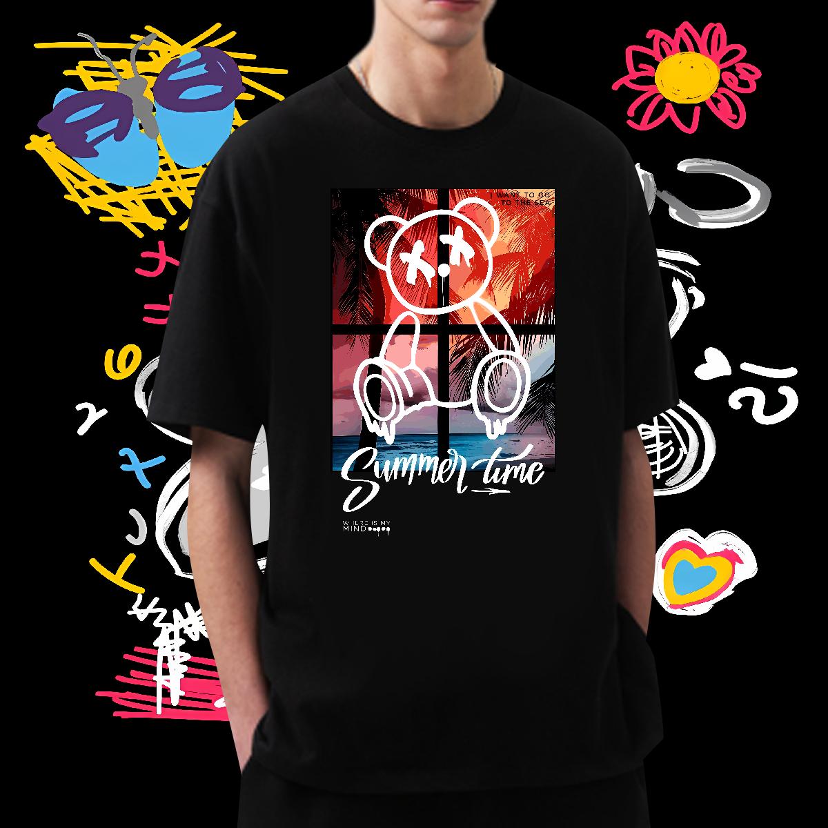 Classic Casual T Shirts Men Graffiti Art 100% Cotton 230g DIY Anime Men Clothes T-Shirt Street Wear Breathable Crew Neck Loose Tees