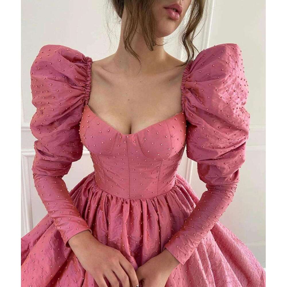 Peals Beaded Pink Evening Dresses Longsleeves And Split Open Skirt Party Gown Taffeta Puffy Prom Dress Vestidos Robe De Soiree