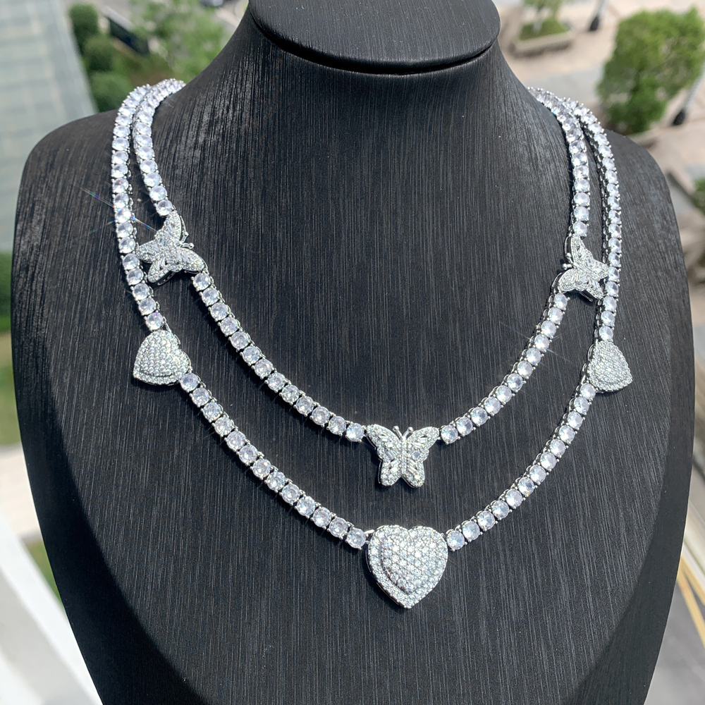 Iced Out Bling Cz Butterfly Heart Tennis Necklace Micro Paved Cubic Zirconia Link Chain Best Gift for Women Hip Hop Jewelry