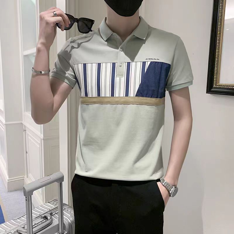Modern and fashionable design spliced polo shirt men with a light luxury temperament, Korean style short sleeved lapel top for summer