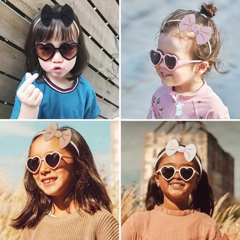 Sunglasses 2 Pcs/Set New Girls Lovely Solid Color Cotton Bowknot Hairband Heart Shape Outdoor Acrylic Sunglasses Set Kids Hair Accessories