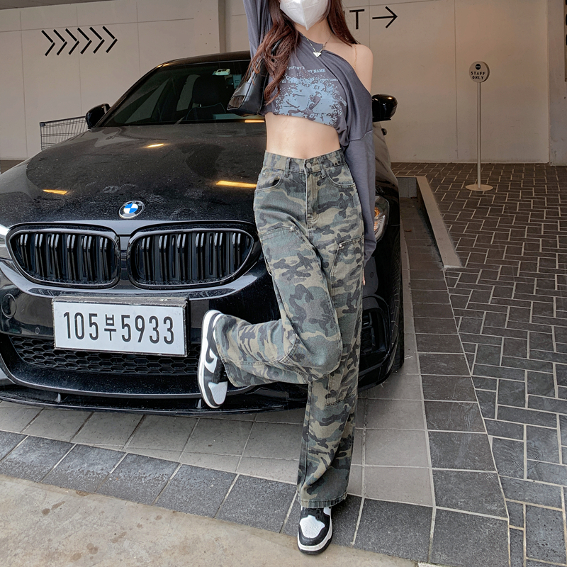 Large size American camouflage sweet and spicy work pants, women's street hip-hop wide leg casual pants