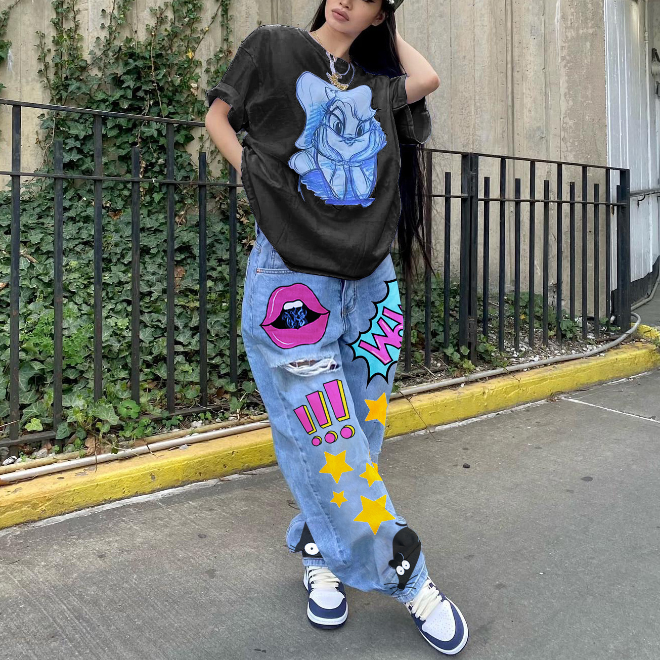 New Fall Women's Jeans Street Fashion Low-Rise Vintage Print Slim Straight Leg Denim Pants for Women 2023