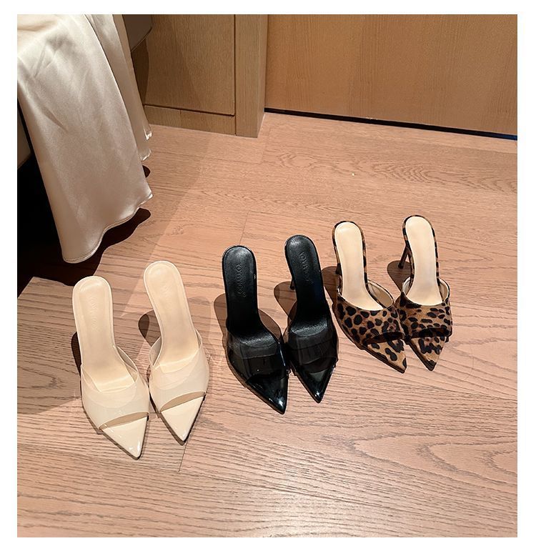 Fine heel pointed head one word drag leopard women summer outside wear fashion spring and summer high heels