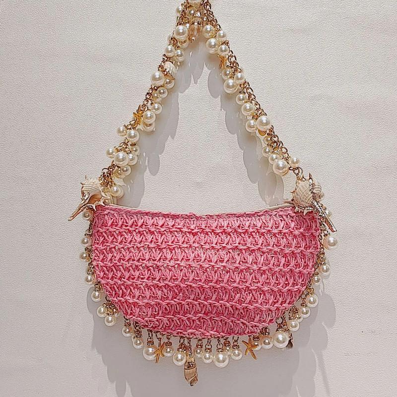 Free Shipping Hobo Summer Versatile Pearl Conch Straw Bag Fashion Shoulder Bags For Women Woven Handbags Beach Seaside Purse