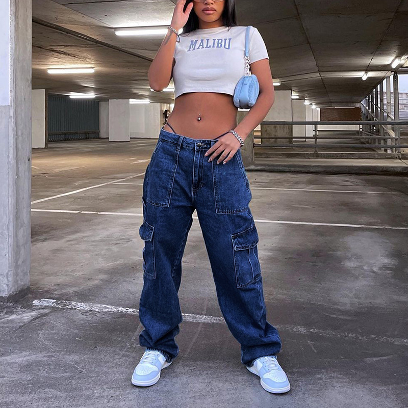 custom vintage high waist y2k pockets denim femmes cargo women's pants women jeans