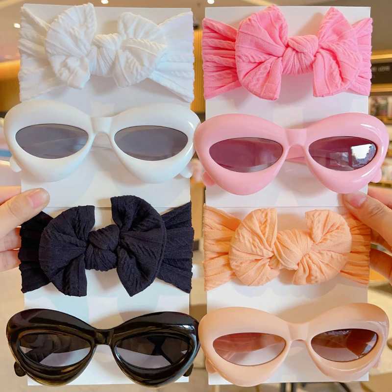 Sunglasses 2 Pcs/Set Boys Girls Lovely Colorful Soft Bowknot Wide Hairbands Fashion Lip Shaped UV400 Sunglasses Set Lovely Hair Accessories
