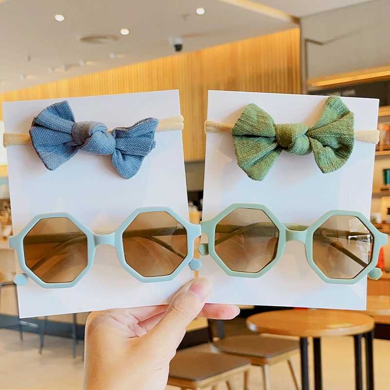 Sunglasses 2 Pcs/Set New Girls Cute Solid Color Bowknot Hairband Summer Striped Irregular Polygon UV400 Sunglasses Kids Hair Accessories
