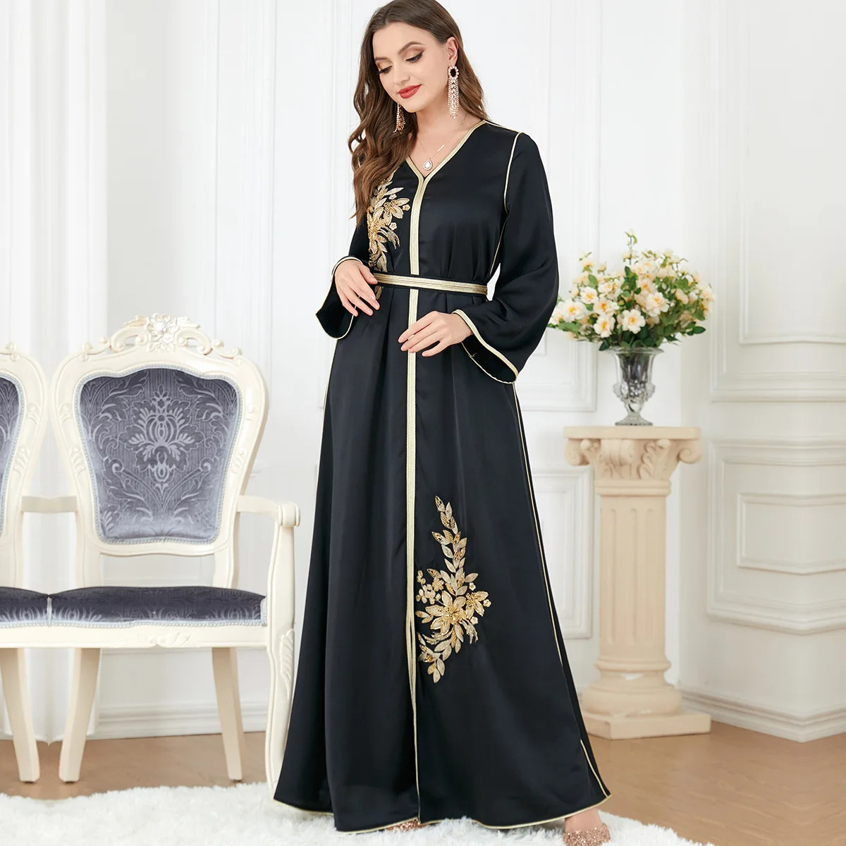 Muslim Slit Dress for Women Modest Black Abaya Long Sleeve VNeck Embroidery Arabic Clothing Dubai Abayat Islamic Robe 3277 240715