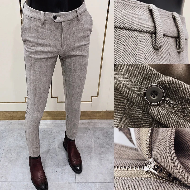 Men Striped Woolen Suit Pants Autumn Winter Casual Trousers Thicken Keep Warm Pantalones Hombre Slim Fit Dress Pants Men 240708