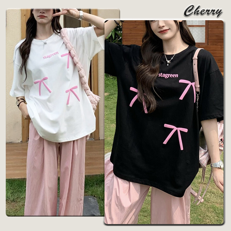 Designer sexy women's T-shirt pink bow short sleeved casual slim fit T-shirt women's full top