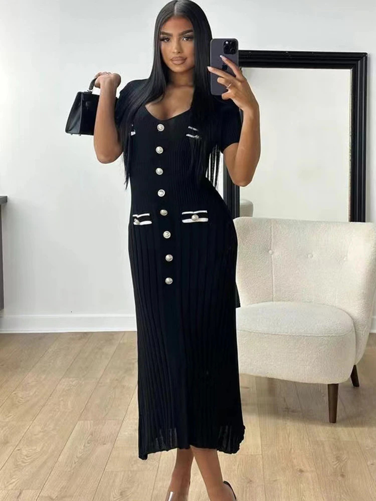 Office Lady Elegant Knitted Long Dress Summer Short Sleelve V Neck Single Breasted Bodycon Dresses Women Party Fashion Vestidos 240715