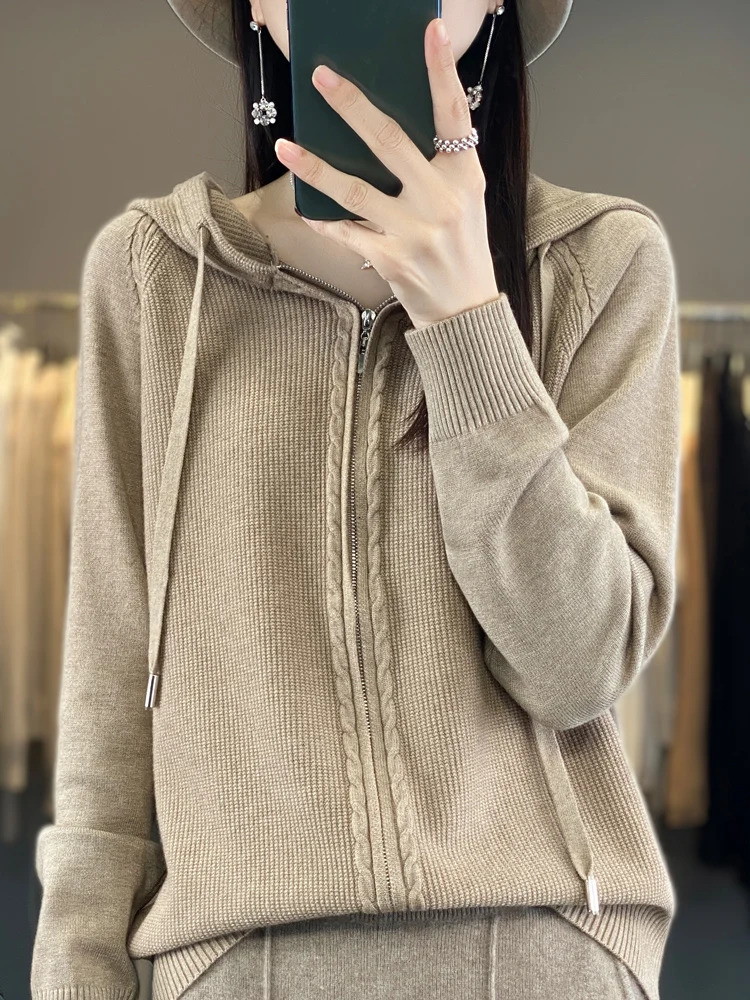 SpringSummer Hooded Cardigan Womens Versatile Knitted Top Loose Sweater Casual Solid Color Double Zipper 240712