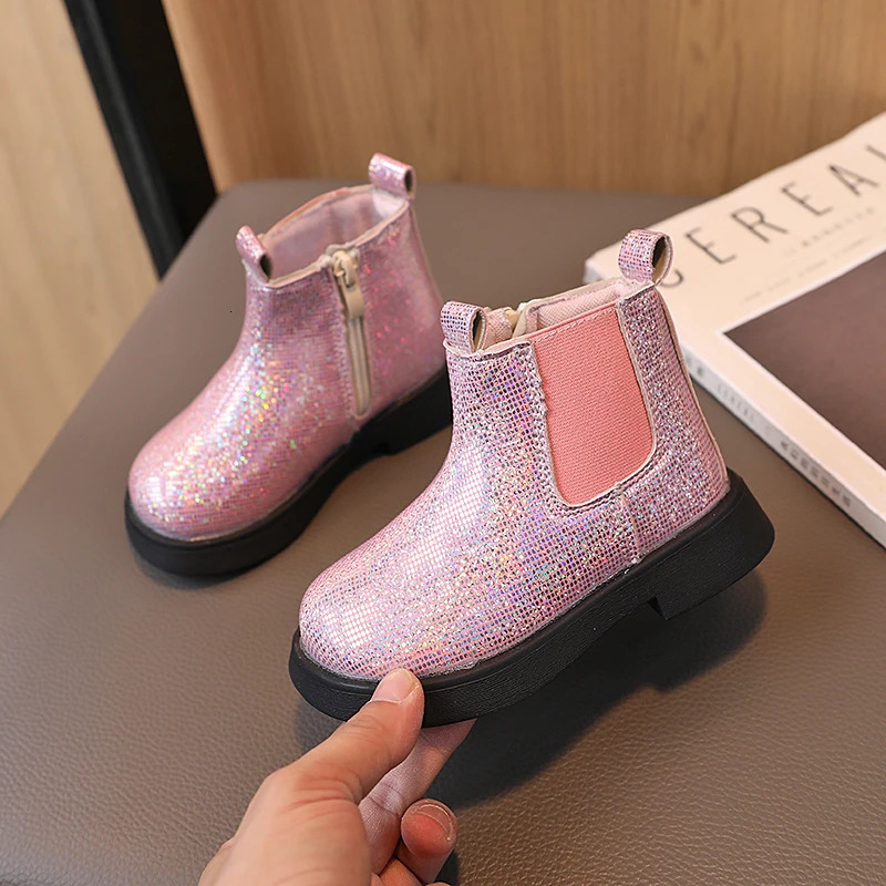 Children Chelsea Boots Paillette Sparkly Three Colors Chunky Girls Autumn Boot Short Zipper Ankle-high 21-30 Trendy Kids Shoes 240711